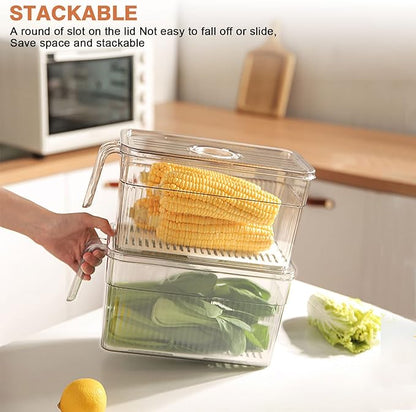 Loobuu 2 Pack Plastic Food Storage Produce Containers for Fridge, Stackable Lettuce Keeper for Refrigerator with Removable Drain Tray Keep Fresh for Vegetables/Fruit/Berry/Salad - 10'' x 5.3'' x 5.2''