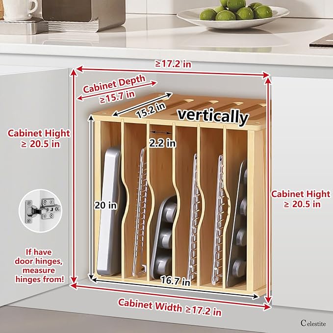 celestite Wooden Tray Dividers for Cabinets, Cookie Sheet Organizer for Cabinet, Baking Sheet Pan Organizer for Kitchen Organizers and Storage (7 Tier 20" Wx16.7 Hx15.2 D)