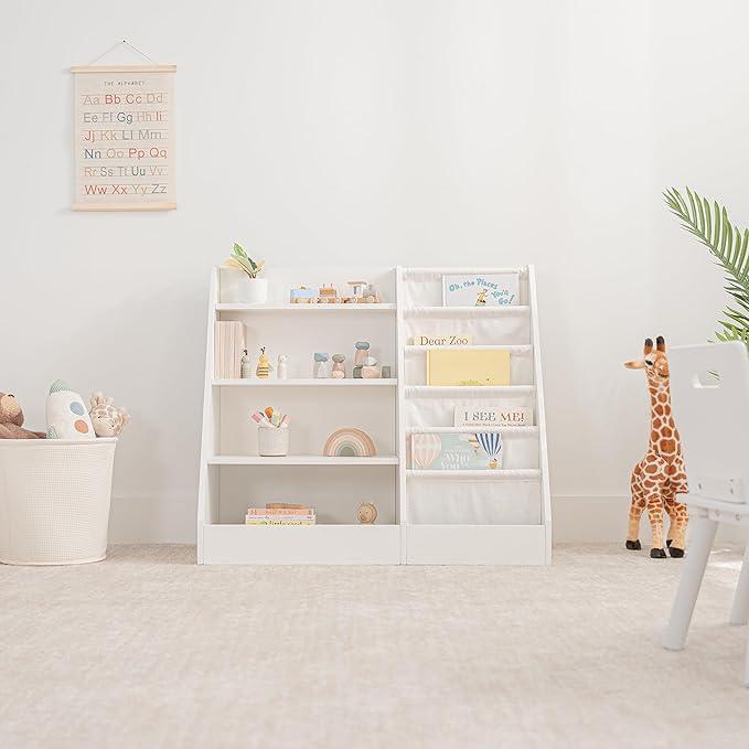 Comfy Cubs Kids Bookshelf 35.2 x 15.7 x 31.5 Inches - Sturdy MDF Montessori Book Shelf with Soft & Hard Shelves for Toys & Books - Child-Friendly, Easy Access Storage Organizer for Kids - White