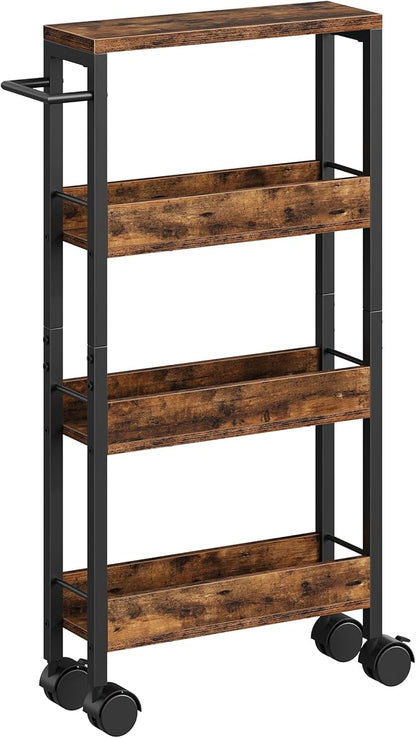 4-Tier Slim Storage Cart, 5.1'' Kitchen Serving Trolley, Slim Rolling Cart with Handle and Guard Rails, Slim Cabinet for Small Spaces, for Dining Room, Rustic Brown and Black TTC01BF