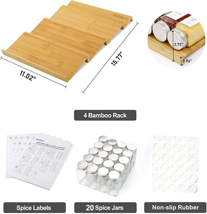 KitHero Spice Drawer Organizer with 20 Spice Jars,216 Labels,25 Non-slip Rubber, Bamboo 4 Tier Seasoning Rack Tray Insert for Kitchen Drawers,Cabinets,Countertop,11" Wide x 15.8" Deep