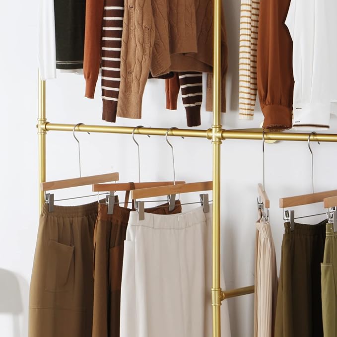 Modern Simple Industrial Pipe Double Hanging Rods Clothing Rack with Shelves, Heavy Duty Metal Clothes Rack Bedroom Freestanding Wardrobe Closet Rack, 93in Gold