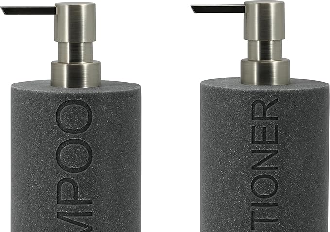 Indecor Home Resin 2 Pack Shampoo, Conditioner or Body Wash Dispenser Set, Luxurious Refillable Pump Bottles with Matte Pump Top and Embossed Text, Durable Design for Bathroom and Shower