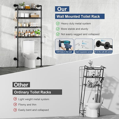 Roxibelt K3 Wall Mounted 4-Tier Over the Toilet Storage，Metal Above Toilet Storage with Paper Hook，Over Toilet Bathroom Organizer with Adjustable Shelf，Above Toilet Rack 9.7"D x 25.6"W x 74.3"H，Black