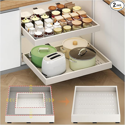 2Pc Pull out Cabinet Organizer,Width (14"-21"),Depth(17"-24") Expandable with 3 Rails,No Drill Roll out Drawers,Adhesive Sliding Drawers,Slide out Shelves for Cabinets Without Lip,Kitchen,Pantry,White