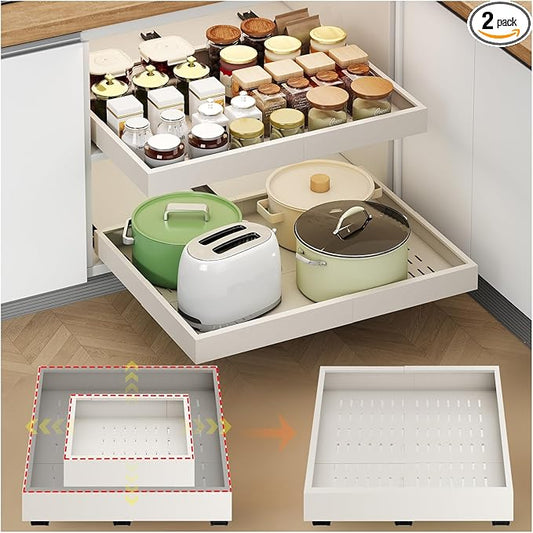 2Pc Pull out Cabinet Organizer,Width (14"-21"),Depth(17"-24") Expandable with 3 Rails,No Drill Roll out Drawers,Adhesive Sliding Drawers,Slide out Shelves for Cabinets Without Lip,Kitchen,Pantry,White