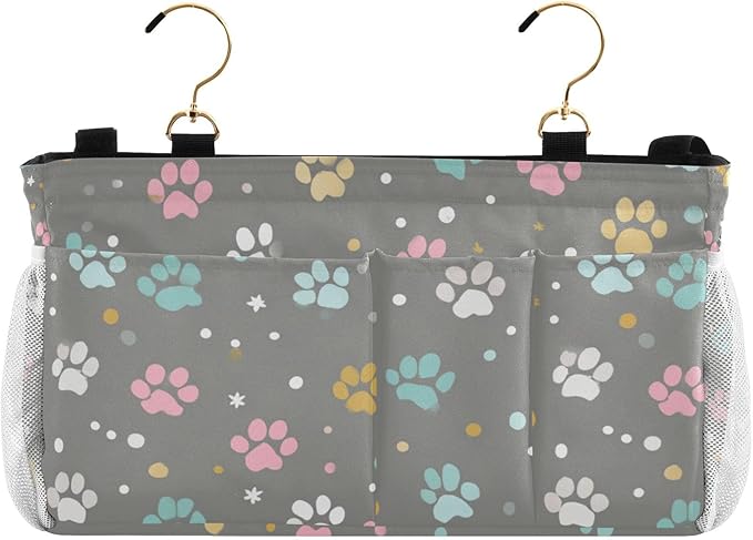 CuwrYet Bedside Caddy Hanging Bunk Bed Caddy Bed Organizer Hanging Pocket with 2 Hooks Bedside Storage Organizer Pocket Bag Holder Paw Print Dots Stars Grey