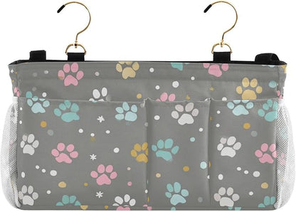 CuwrYet Bedside Caddy Hanging Bunk Bed Caddy Bed Organizer Hanging Pocket with 2 Hooks Bedside Storage Organizer Pocket Bag Holder Paw Print Dots Stars Grey