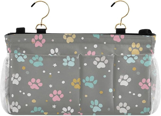 CuwrYet Bedside Caddy Hanging Bunk Bed Caddy Bed Organizer Hanging Pocket with 2 Hooks Bedside Storage Organizer Pocket Bag Holder Paw Print Dots Stars Grey