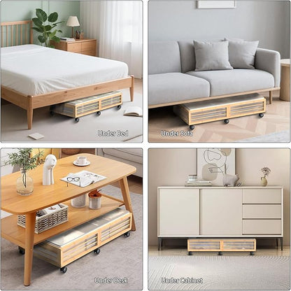 Under Bed Storage Containers with Wheels, Larger Bamboo Wood Under Furniture Storage Containers with Dust Bags，Rolling for Shoes Clothes