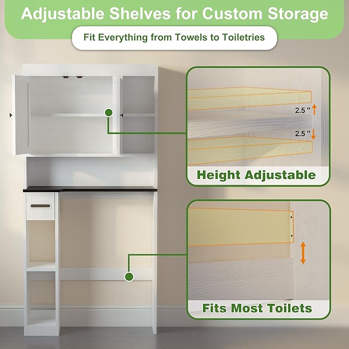 Nivisre Over The Toilet Storage Cabinet with 7 Shelves, Imitation Walnut Grain Above Toilet Bathroom Organizer with Toilet Paper Holder Stand, Space Saver for Restroom, Bathroom, Laundry (White)