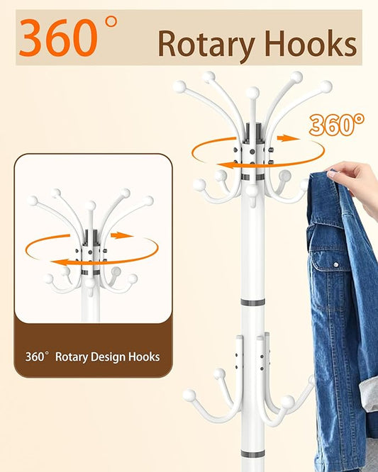 Modern Coat Rack Stand, 360° Rotary Metal Freestanding Coat Rack with Natural Marble Base, White Coat Racks and Coat Hanger Tree Jacket Stand with 14 Hooks for Office, Entryway, Hallway