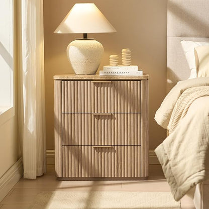 Fluted Nightstand with 3 Drawers, Engineered Wood Bedside Table with Faux Marble-Top, Modern End Table with Curved Corners, Metal Handle, Large Night Stand for Bedroom, Office, Closet, Natural Oak
