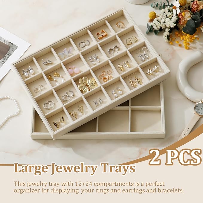 KATISYIO Large Velvet Jewelry Tray 2 Pack Stackable Jewelry Display Drawer Inserts Trays Organizer for Earring Bracelet Necklace Ring (Beige, 12 Grids+24 Grids)