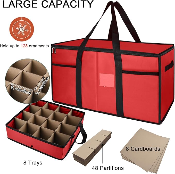 Christmas Ornament Storage Box with Dividers, Christmas Balls Storage Containers with Zipper & 8 Removable Trays, Holds Up to 128 Balls - 600D Oxford Christmas Decoration Storage Organizer (Red)
