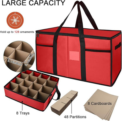 Christmas Ornament Storage Box with Dividers, Christmas Balls Storage Containers with Zipper & 8 Removable Trays, Holds Up to 128 Balls - 600D Oxford Christmas Decoration Storage Organizer (Red)