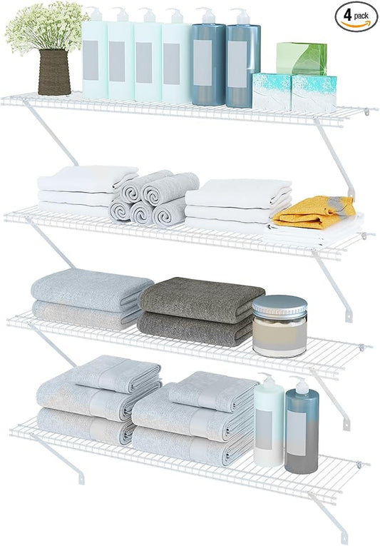 Closet Shelves Wall Mounted, 4 Pack 4 ft x 12 in White Wire Shelving Kit, Metal Wall Shelf Organizer for Home, Pantry, Laundry Room Storage