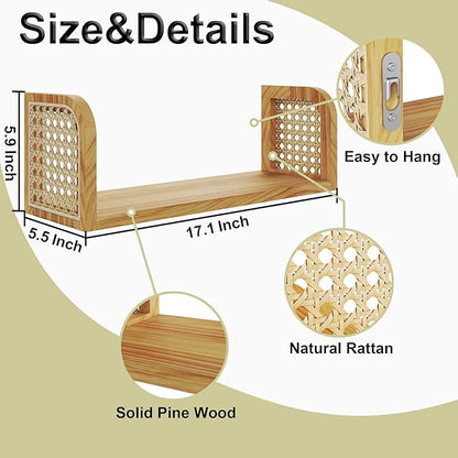 17 Inch Rattan Wall Shelf, Wooden Hanging Bookshelf Storage, Natural Cute Nursery Shelves Wall Mounted, Boho Decorative Floating Shelves for Kids Room, Living Room, Play Room, Bedroom