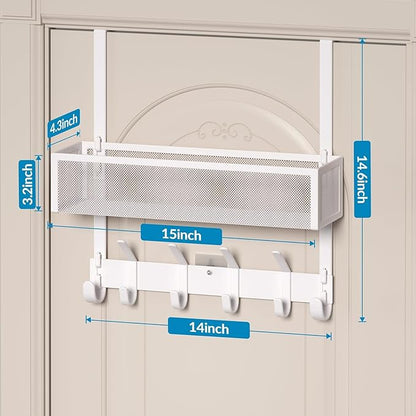 Aimeaihe Over The Door Hooks Organizer, Over The Door Towel Rack with Mesh Basket, 10 Coat Hooks and 2 Wreath Hangers, Bathroom Door Organizer Back of Door Hanger for Bedroom, Kitchen(White)