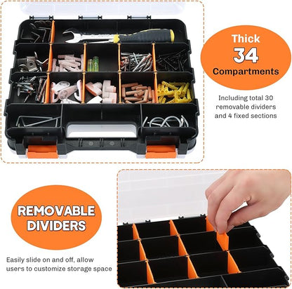 Small Parts Organizer | Storage Case Tools Box Organizer 34-Compartments Double Side Organizer Box with Removable Dividers for Small Hardware, Screws, Bolts, Nuts, Nails, Beads, Jewelry (2)