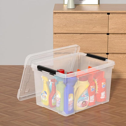 Buyitt 50 Quart Heavy Duty Clear Storage Container with Wheels & Lid, Latching Plastic Storage Box Bin (19.84L x 15W x 12.6H), Stackable, See-Through Organization Tote (4 Pack)