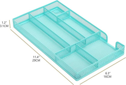 Annova Desk Drawer Organizer Tray for Office Organization - Metal Mesh - Storage Tray with Dividers for Pens, Desktop Accessories, Bathroom, Kitchen, Makeup and Office Supplies (Small, Turquoise)