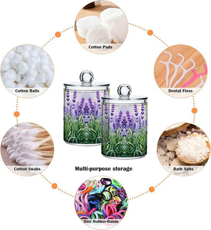 MNSRUU 2 Pack Qtip Holder Organizer Dispenser Lavender Bathroom Storage Canister Cotton Ball Holder Bathroom Containers for Cotton Swabs/Pads/Floss