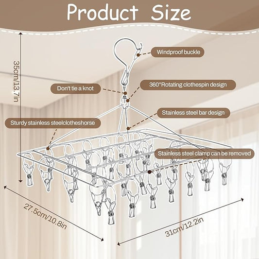 6 PCS Stainless Steel Hanging Drying Rack with 30 Hooks Clips, Swivel Hook Wind-Proof Clothes Sock Drying Hangers Laundry Accessories for Socks Bras Underwear Towel Hat Scarf Pants Gloves