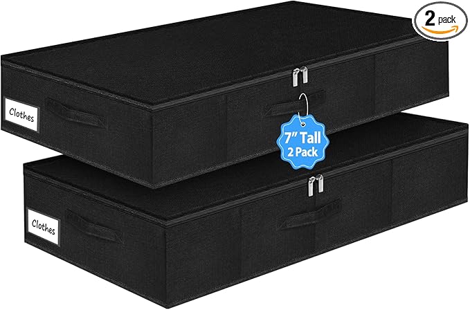boailydi Under Bed Storage Bags with Zipper, 7 Inch Tall Underbed Storage Containers with Rigid Sides & Bottom,30x15x6.7 Inches, Large Clothes Organizer Box for Bedroom, Dorm, Couch, Black