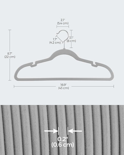 SONGMICS Velvet Hangers 50 Pack, Non-Slip Clothes Hangers, Suit Hangers with Shoulder Notches, Pants Bar, 360° Swivel Hook, Space-Saving, for Closet, Dove Gray UCRF029G50