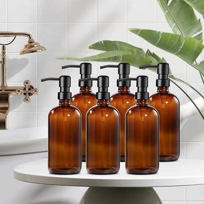 GMISUN Amber Glass Soap Dispenser, 6 Pack Bathroom Hand Soap Dispensers with Stainless Steel Pump, 17 Fl Oz Kitchen Hand and Dish Soap Dispenser Set, Modern Vintage Liquid Brown Soap Dispensers Bottle