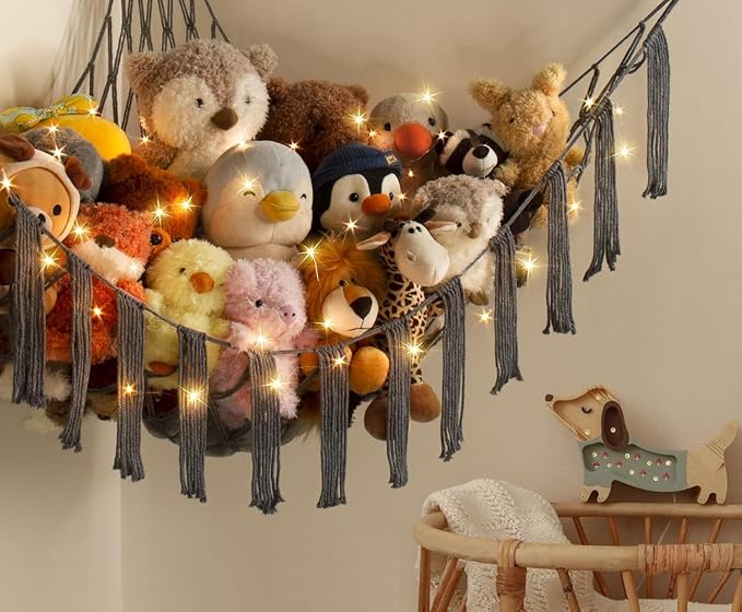 Stuffed Animal Storage Hammock Corner X-Large with LED Light - Baby Hammock Hanging Holder Plushies Net for Stuff Animals Organizer - Cute Room Decor Aesthetic Kids Toddler Nursery Bedroom