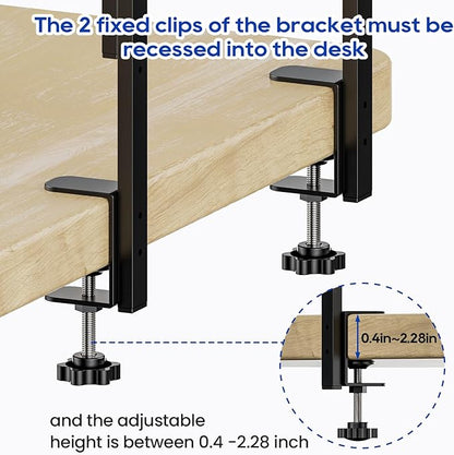 Clamp On Desk Shelf 2-Tier, 12.5 inche Wood Shelving Unit for Office Desk/Gaming Accessories, Tabletop Book Storage Rack, Shelf for Top & Under of Desk, Brown