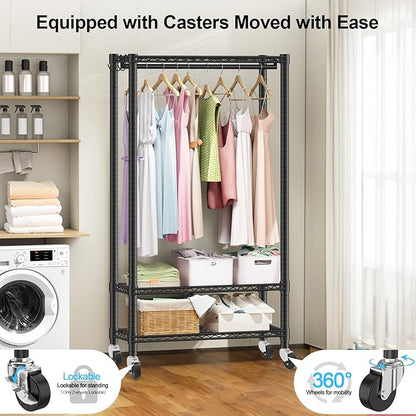 Heavy Duty Clothes Rack with Wheels, 43"W x 18"D x 81"H Rolling Garment Rack, 800 lb Capacity, 3-Tier Adjustable Shelves, Double Hanging Rods, 6 Hooks, Portable Closet Organizer, Tool-Free Assembly