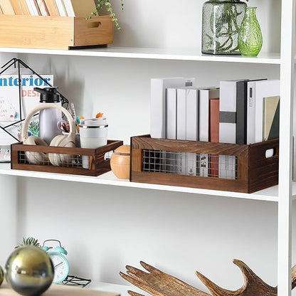 4 Pcs Wooden Nesting Countertop Baskets 4 Size Wooden Storage Box with Handle and Metal Wire Multipurpose Wood Organizer Crate for Fruit Vegetable Kitchen Cabinet Bathroom(Walnut,Small)