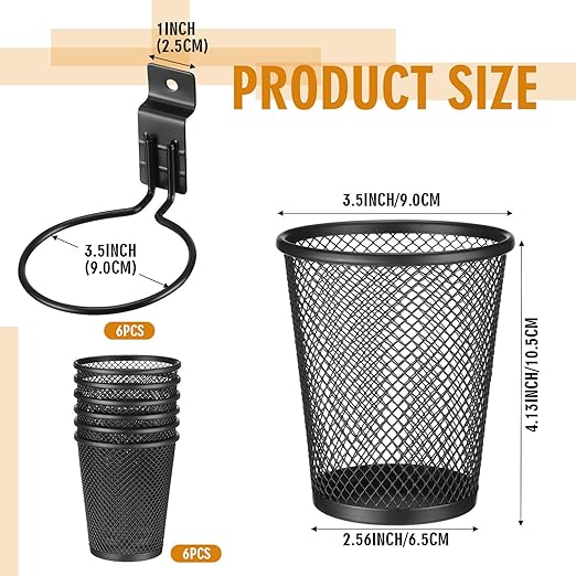 6 Set Slatwall Cups with Hook Loops, Mesh Steel Slatwall Tool Holder Bin Cups Pencil Holder Metal Slat Wall Organizer Accesories for Craft Garage Workshop Office Storage(Medium,Black)