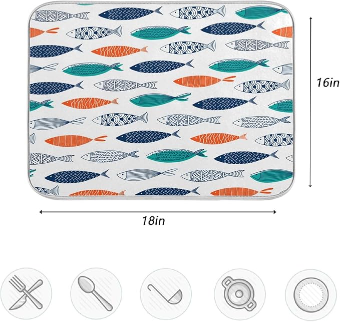 ZzWwR Stylish Colors Decorative Fishes Absorbent Dish Drying Mat,16 x 18 Inch Microfiber Kitchen Countertop Table Protector Multi-Purpose Counter Rack Sink Drainer Pad