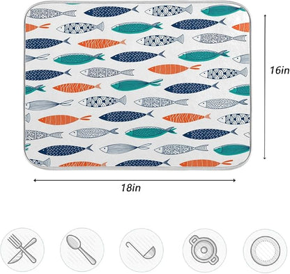 ZzWwR Stylish Colors Decorative Fishes Absorbent Dish Drying Mat,16 x 18 Inch Microfiber Kitchen Countertop Table Protector Multi-Purpose Counter Rack Sink Drainer Pad