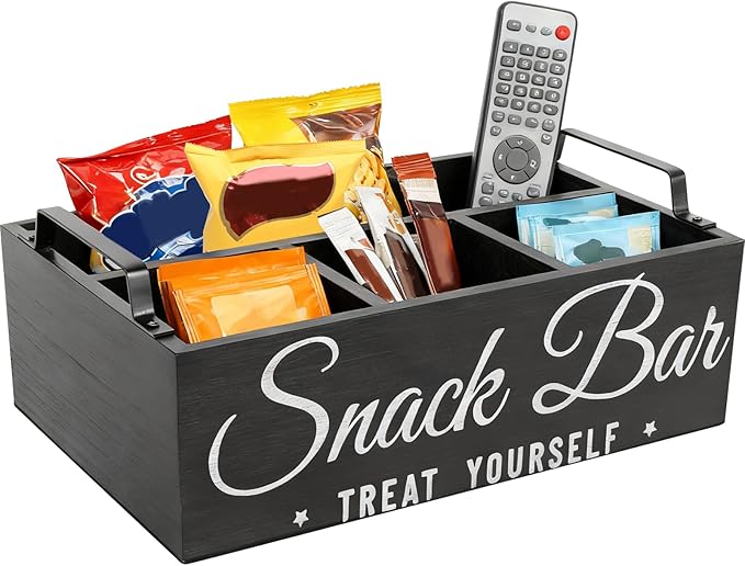 Snack Organizer for Countertop, Wood Pantry Storage Bins with Handles, Snack Bar Organizer for Pantry Shelf, 4 Compartment Food Container Box, Kitchen Storage Organizer for Nut,Chips,Beverage (Black)