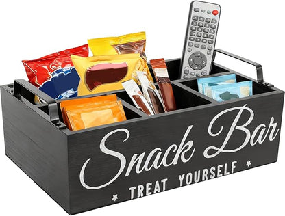 Snack Organizer for Countertop, Wood Pantry Storage Bins with Handles, Snack Bar Organizer for Pantry Shelf, 4 Compartment Food Container Box, Kitchen Storage Organizer for Nut,Chips,Beverage (Black)