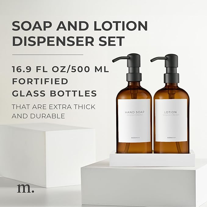 MaisoNovo Soap Dispenser 3-Piece Set | 16.9oz Amber Bottles with Black Stainless Steel Pump Core
