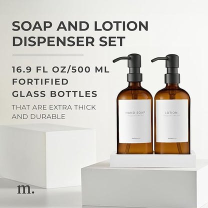 MaisoNovo Soap Dispenser 3-Piece Set | 16.9oz Amber Bottles with Black Stainless Steel Pump Core
