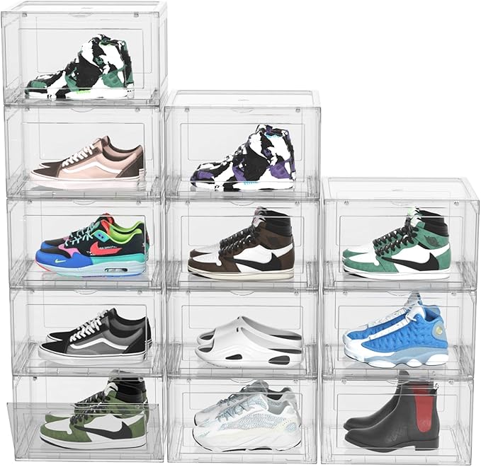 Knifefish 12 Packs Large Acrylic Clear Shoe Boxes with Magnetic Door, Strong Stackable Shoe Organizers, Sneaker Containers, Boot Display Case Up to US Size 15