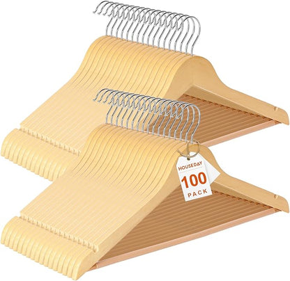 HOUSE DAY Premium Wooden Coat Hangers 100 Pack, Heavy Duty Solid Wood Clothes Hangers with 360° Swivel Hook & Pant Bar for Jackets, Dress, Shirts, Natural Wood Suit Hanger for Closet Organizer