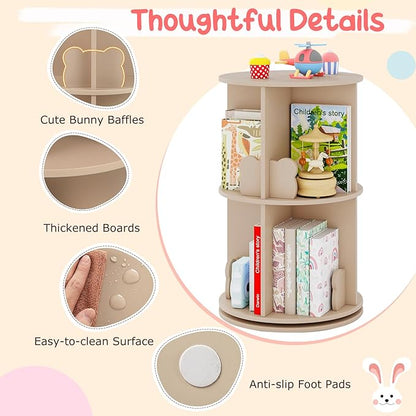 HONEY JOY Kids Rotating Bookshelf, Wooden Spinning Small Corner Organizer w/Baffles, 360°Display Standing Toddler Bookshelf, Narrow Storage Rack, Montessori Book Shelf for Nursery, Playroom (Coffee)
