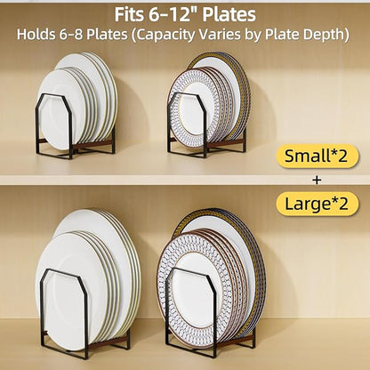 TIPSYTREE 4 Pack Plate Organizer for Cabinet, Arched Metal Dish Holder Rack, Plate Rack Organizer for Cupboard, Space Saver Dish Storage Rack, Holds 6–12 Inch Plates, 2 Large 2 Small, Black