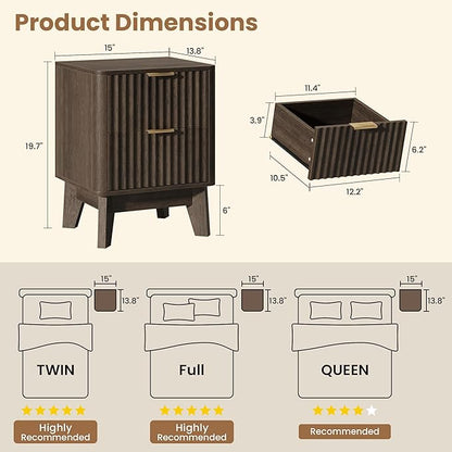 TROJM Fluted Nightstand,Modern End Table with Metal Handle,2 Storage Drawers Side Table,Bedside Table for Bedroom,Wood Nightstands,Curved Profile Design Furnitue,Walnut