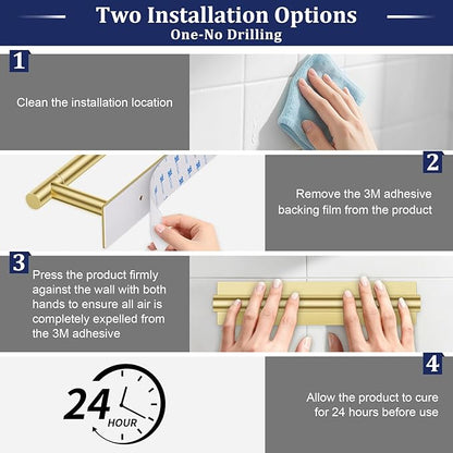 Brushed Gold Toilet Paper Holder, Adhesive or Screw Toilet Roll Holder Wall Mount, SUS304 Stainless Steel Double Post Pivoting Toilet Roll Holder for Bathroom, Kitchen, Washroom