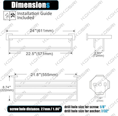 KOKOSIRI Towel Rack 24'' Bathroom Towel Shelves with Double Towel Bars SUS304 Stainless Steel Wall Mounted, Brushed Nickel, B6003BR