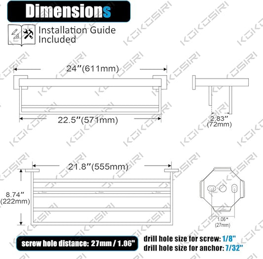 KOKOSIRI Towel Rack 24'' Bathroom Towel Shelves with Double Towel Bars SUS304 Stainless Steel Wall Mounted, Brushed Nickel, B6003BR